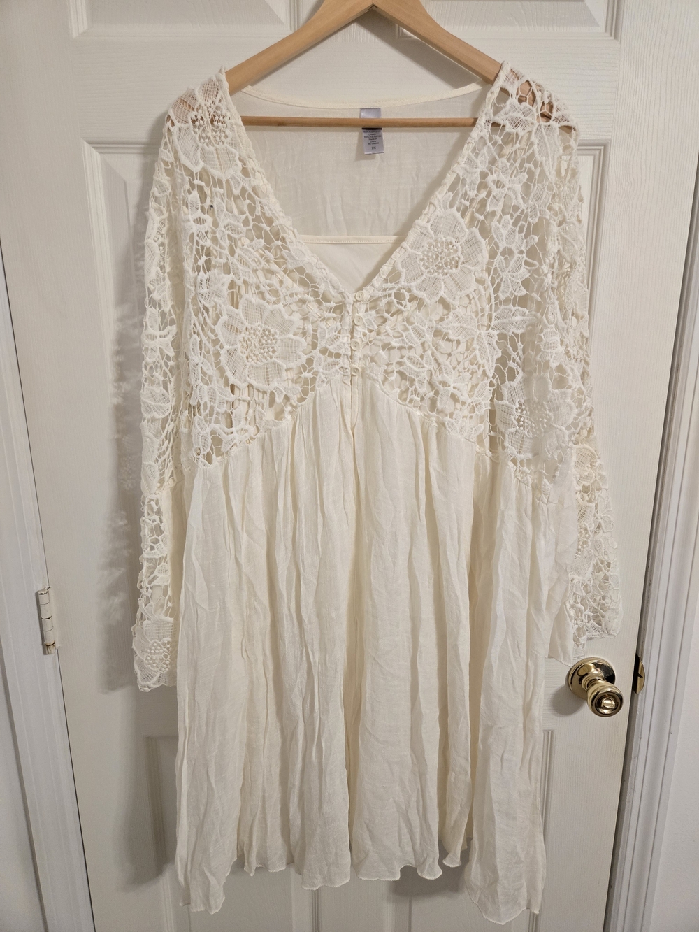 Boho Lace Crochet V-Neck Cream Women’s Dress Flare Sleeves Size 2X